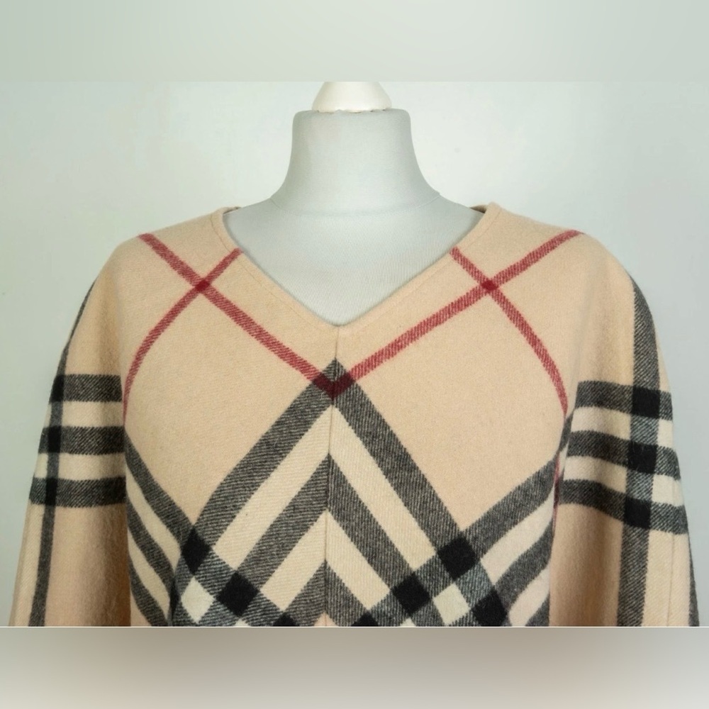 Burberry London Lamba Wool Nova Check Scarf Poncho Plaid Tan Black Red Fringe - Picture 2 of 8